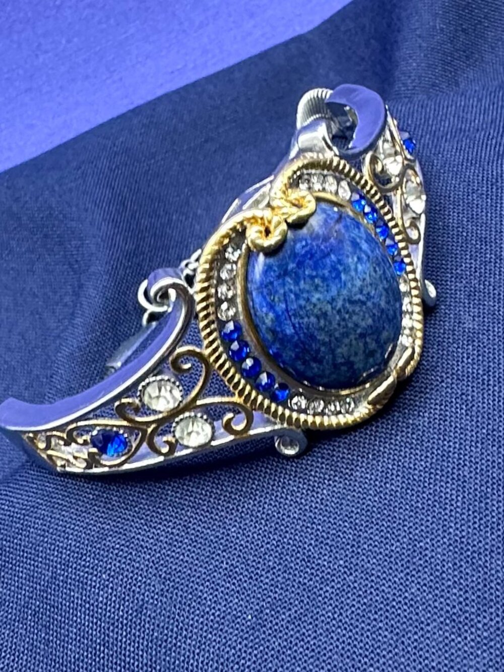 Ornate 2-Tone Lapis Lazuli Stainless Steel Bracelet